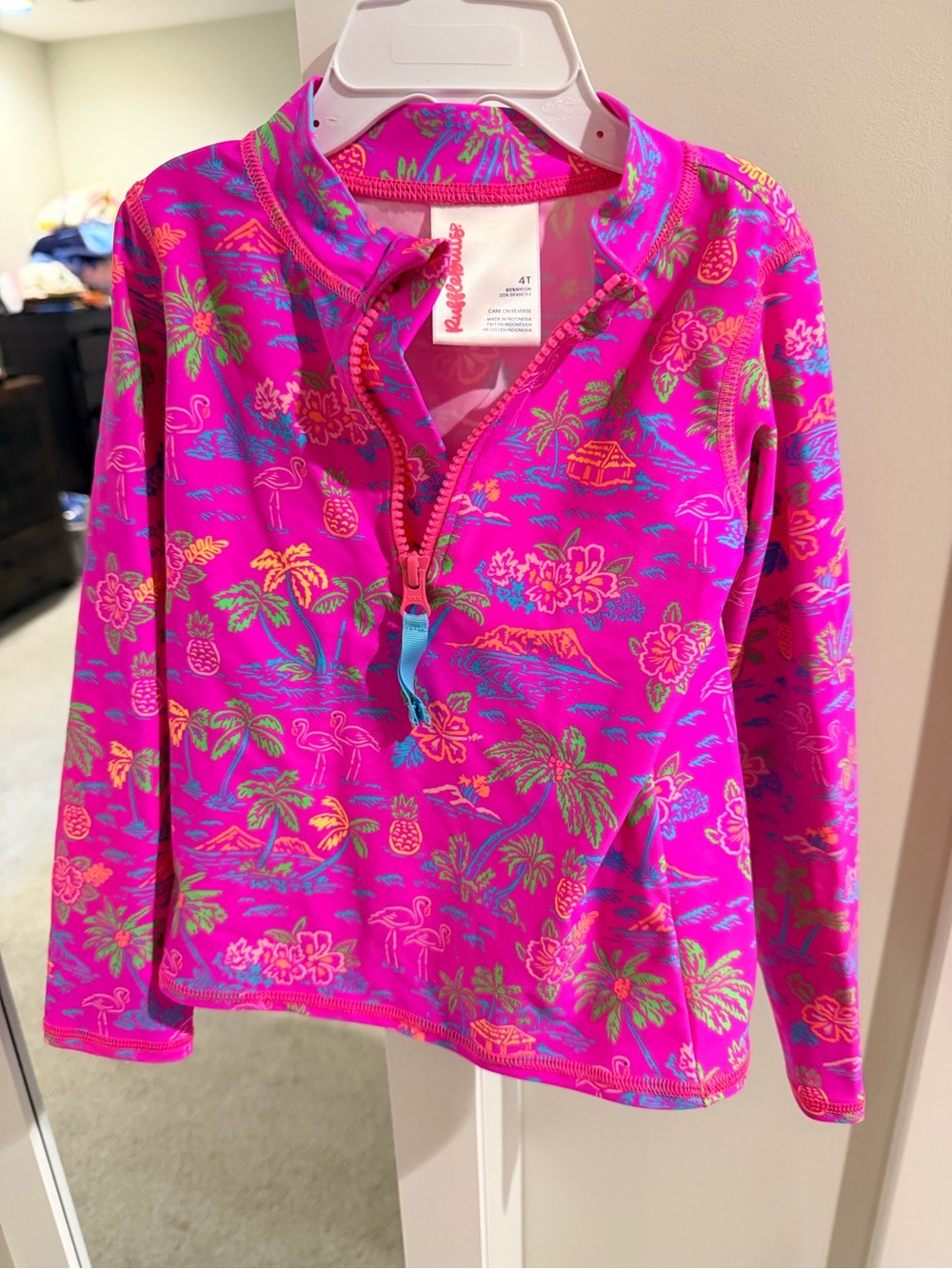 Ruffle Butts Girls' Pink Tropical Print Rash Guard swim set - 4T